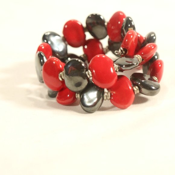 KAZURI BEADS Handmade Red/Silver Wraparound Spring Bracelet OS - Picture 2 of 4